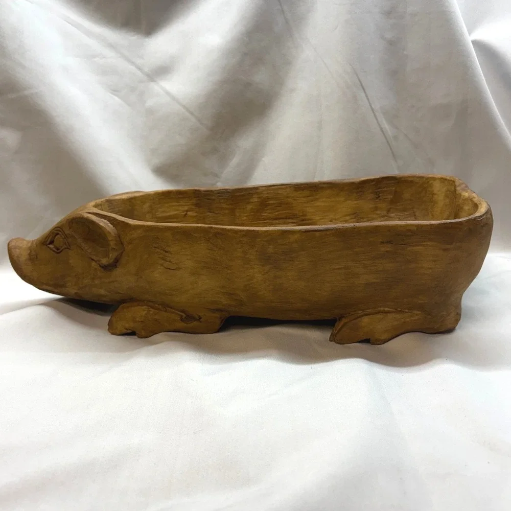 Unbranded Hand Carved Wood Pig Bowl Large Brown Excellent Rustic Farmhouse 16in